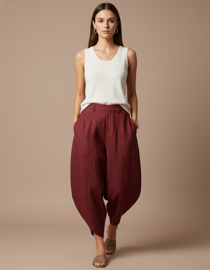 Pantalon Baggy Bordeaux Lin Ample Harem Femme