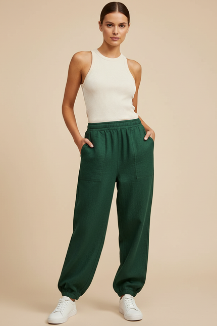 Pantalon Baggy Vert Émeraude Ample Élastique Femme - Lin