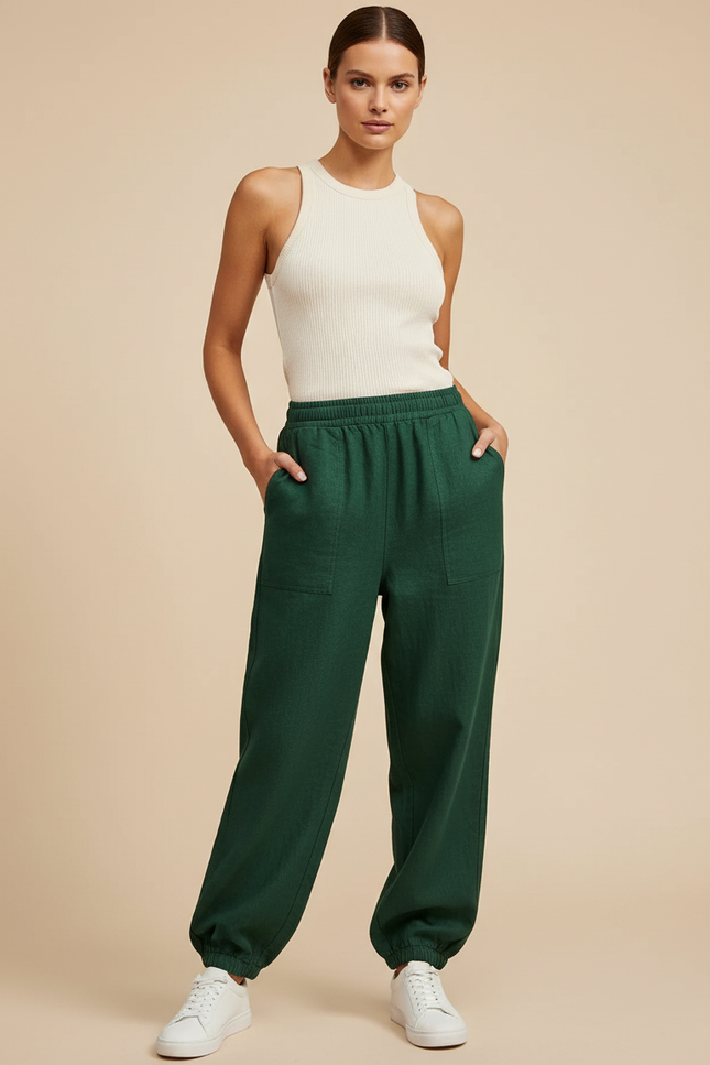 Pantalon Baggy Vert Émeraude Ample Élastique Femme - Lin