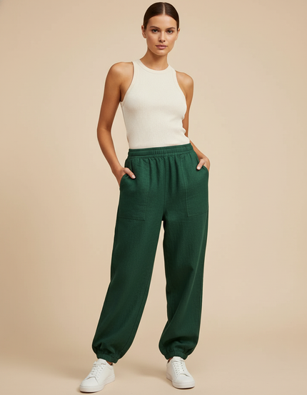 Pantalon Baggy Vert Émeraude Ample Élastique Femme - Lin