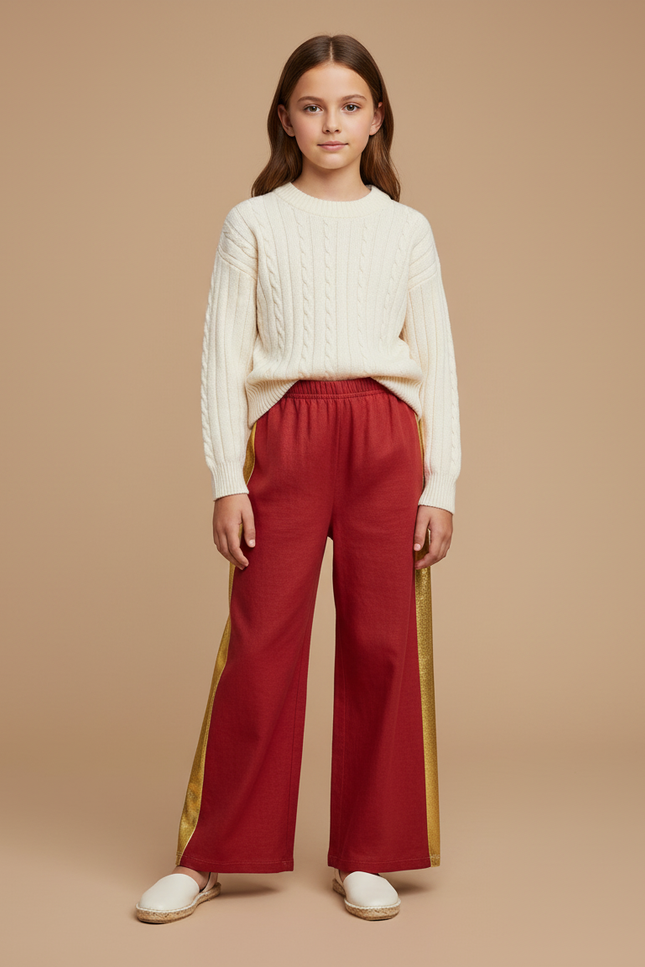 Pantalon Baggy Rouge Doré Large Fille Côtelé Décontracté - Molleton