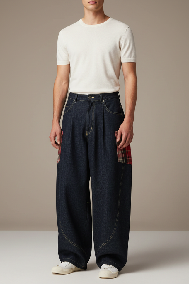 Pantalon Baggy Denim Large Plaid Décontracté Homme - Marine Jean