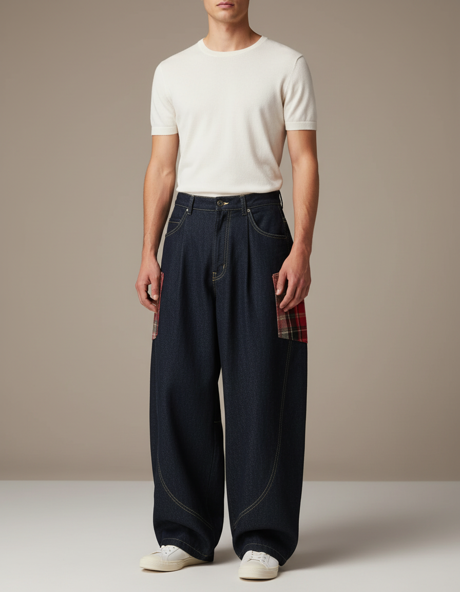 Pantalon Baggy Denim Large Plaid Décontracté Homme - Marine Jean