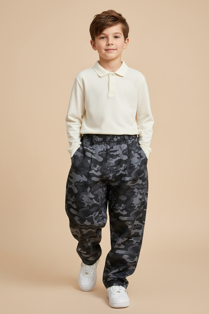 Pantalon Baggy Camouflage Gris Ample Garçon Cargo - Toile