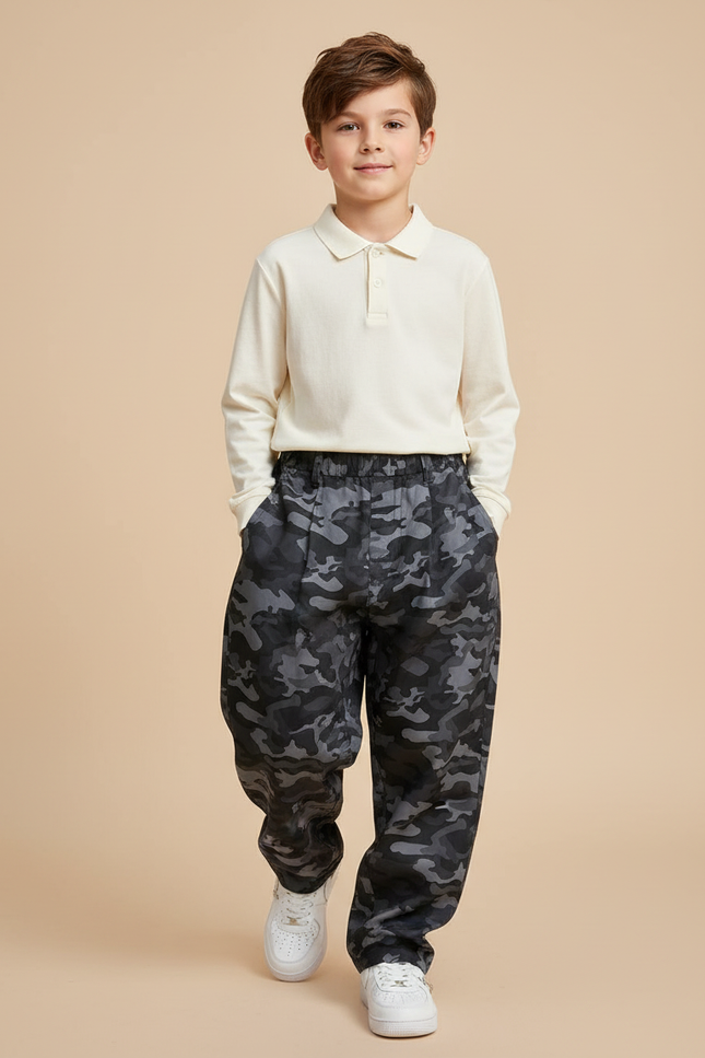 Pantalon Baggy Camouflage Gris Ample Garçon Cargo - Toile