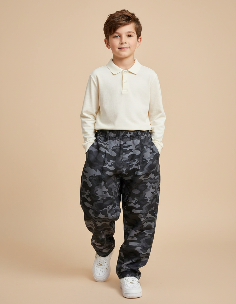 Pantalon Baggy Camouflage Gris Ample Garçon Cargo - Toile