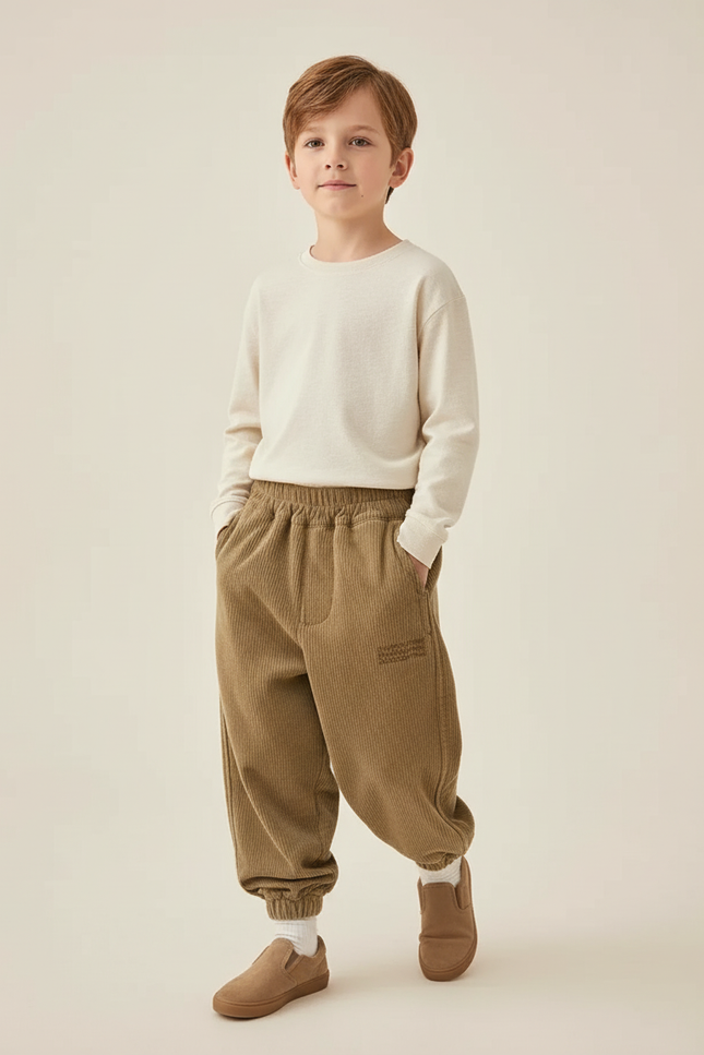 Pantalon Baggy Velours Côtelé Marron Ample Enfant - Cordé