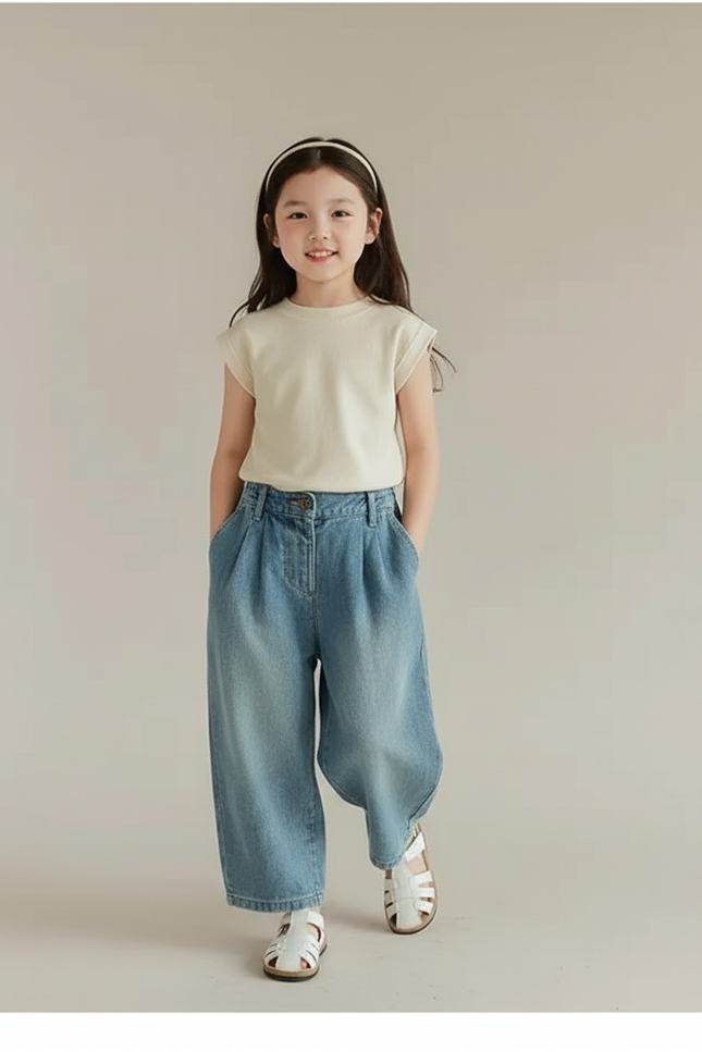 Pantalon Baggy Denim Ample Léger Fille Décontracté - Bleu Jean