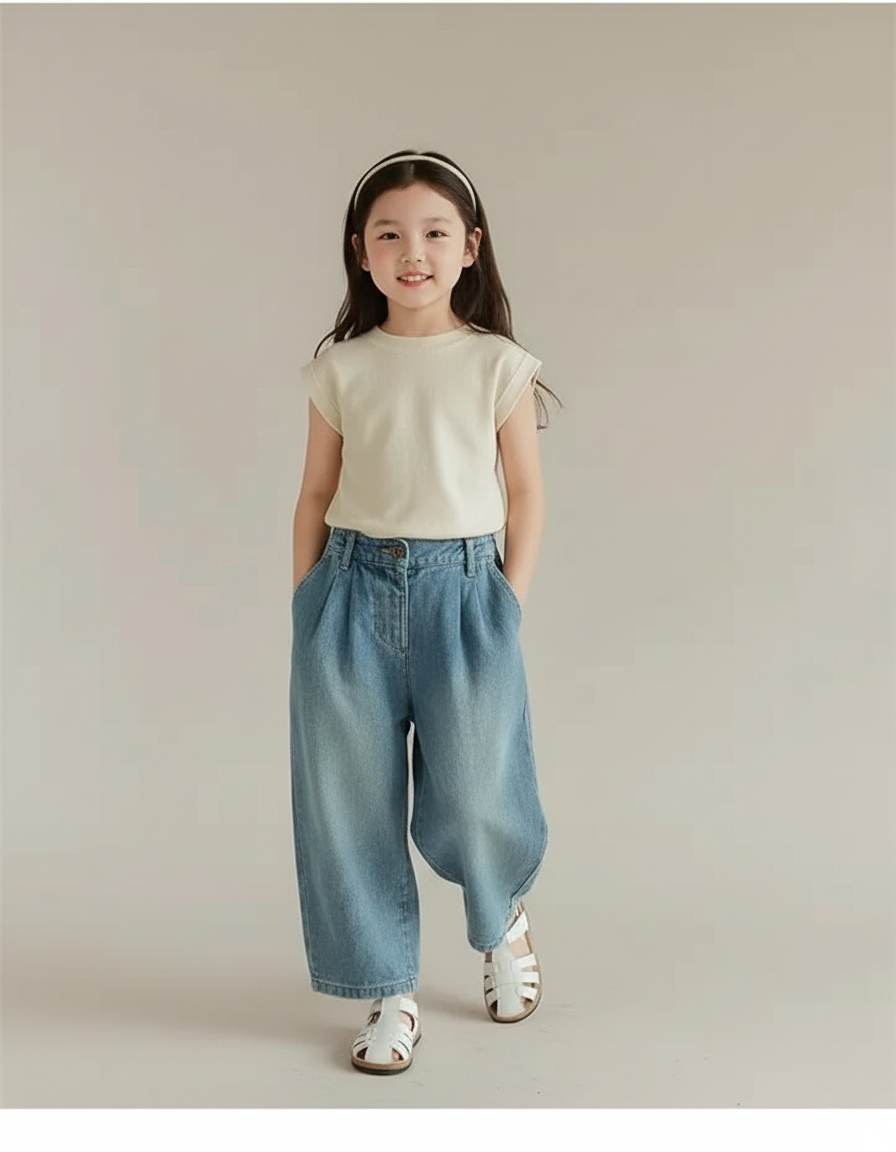 Pantalon Baggy Denim Ample Léger Fille Décontracté - Bleu Jean