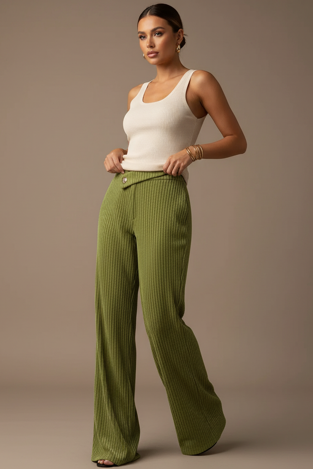 Pantalon Baggy Vert Côtelé Ample Taille Haute - Cordé