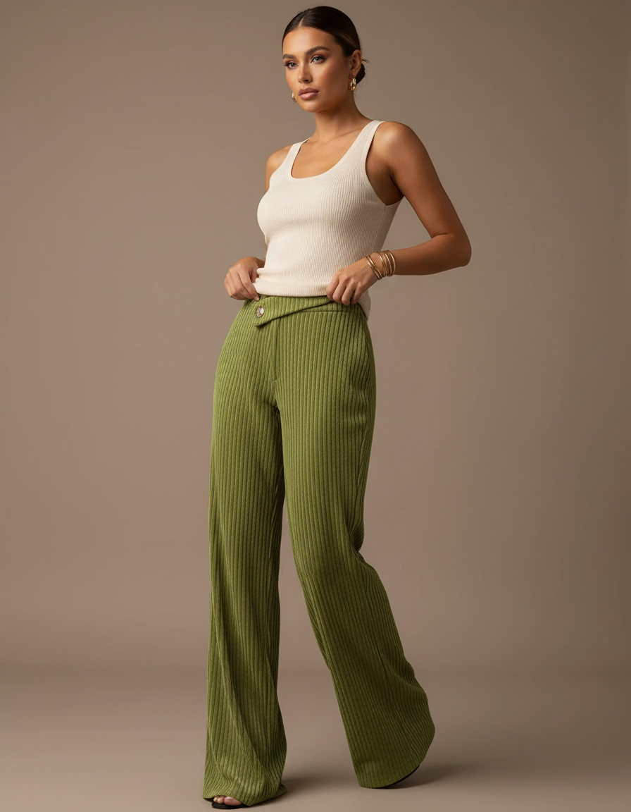 Pantalon Baggy Vert Côtelé Ample Taille Haute - Cordé