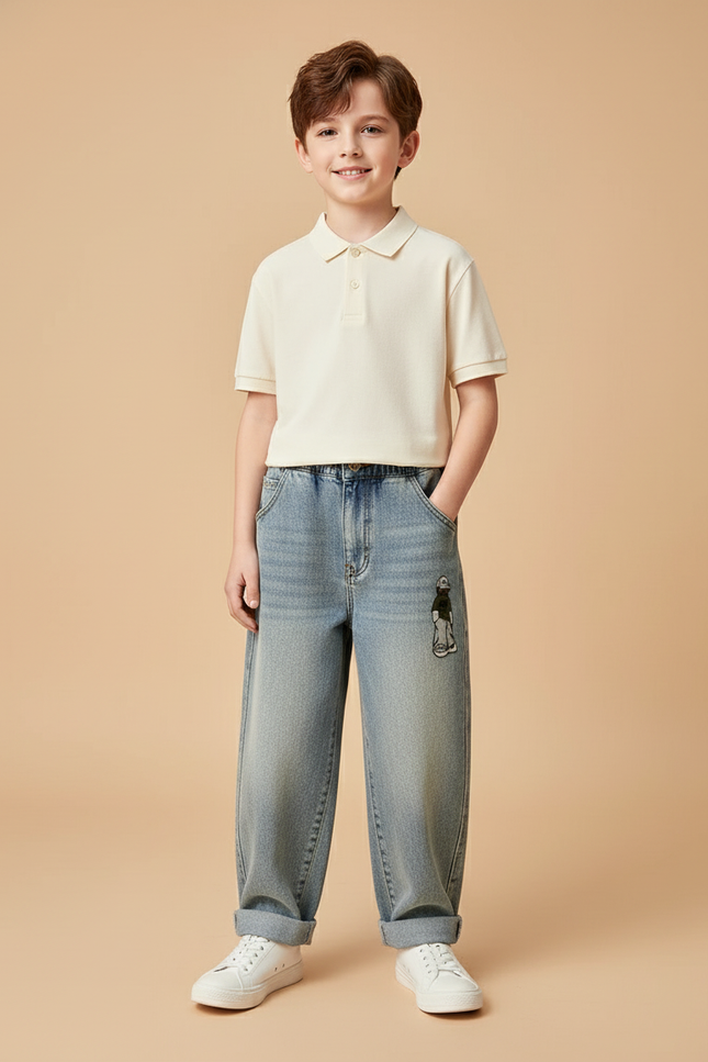 Pantalon Baggy Jean Bleu Délavé Ample Imprimé Enfant