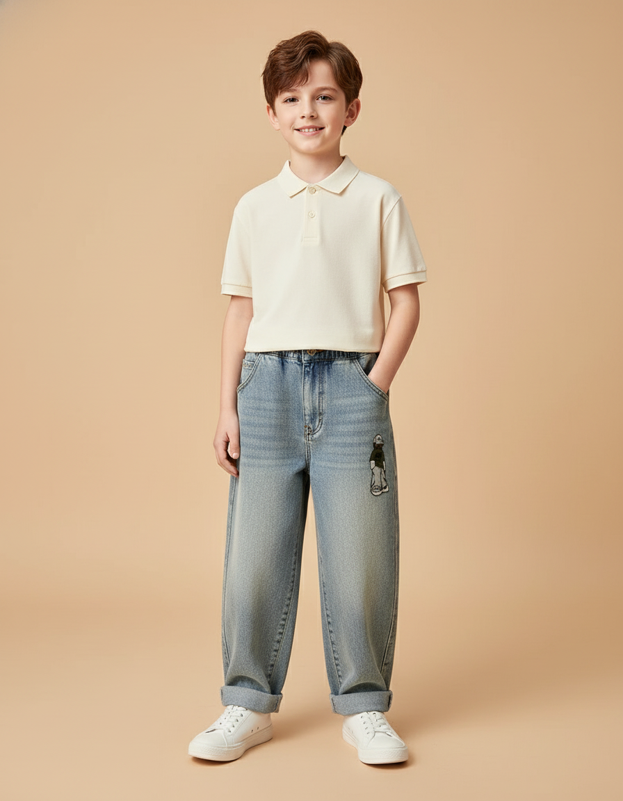 Pantalon Baggy Jean Bleu Délavé Ample Imprimé Enfant