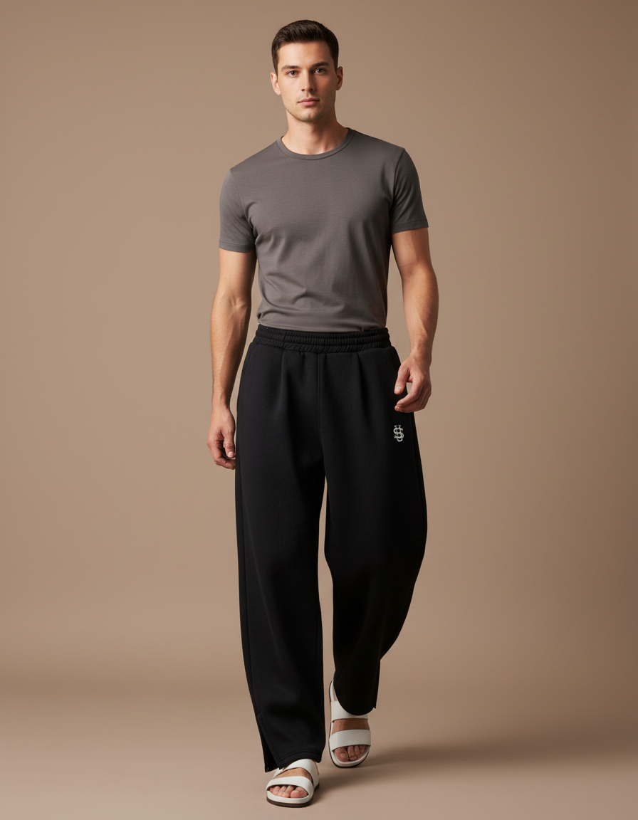 Pantalon Baggy Noir Ample Brodé Décontracté Unisexe - Molleton