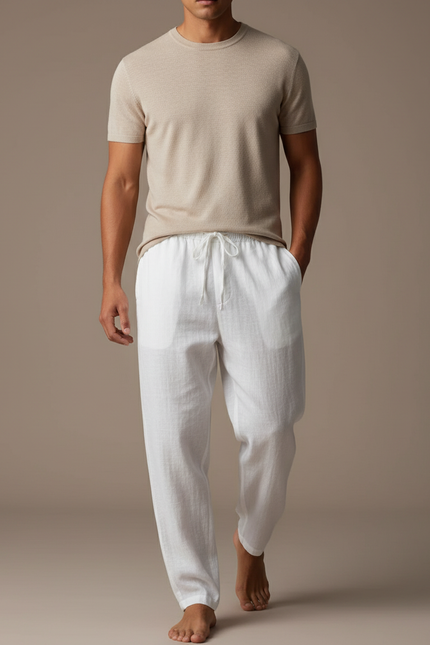 Pantalon Baggy Blanc Lin Ample Décontracté Cordon
