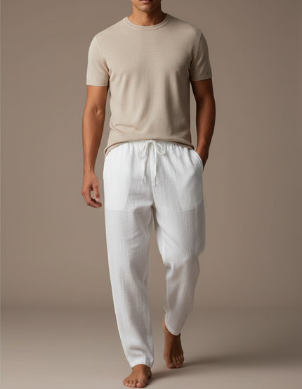 Pantalon Baggy Blanc Lin Ample Décontracté Cordon