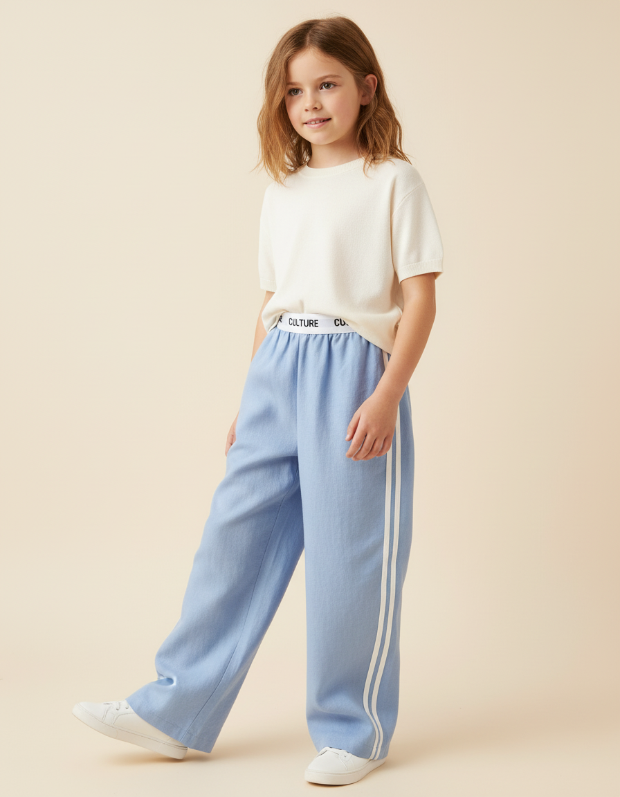 Pantalon Baggy Bleu Clair Ample Rayures Blanches - Lin