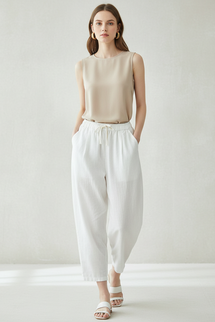 Pantalon Baggy Blanc Lin Ample Taille Haute Décontracté