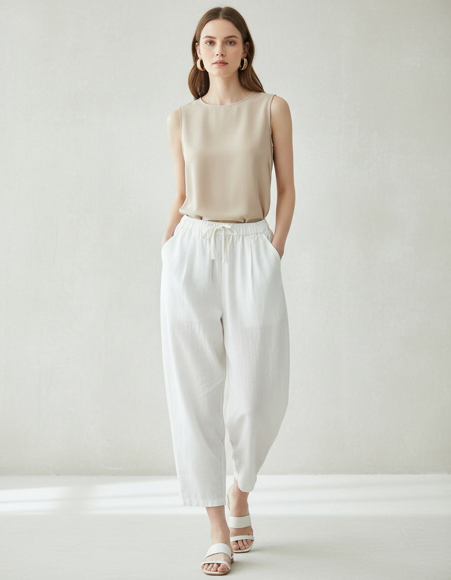 Pantalon Baggy Blanc Lin Ample Taille Haute Décontracté