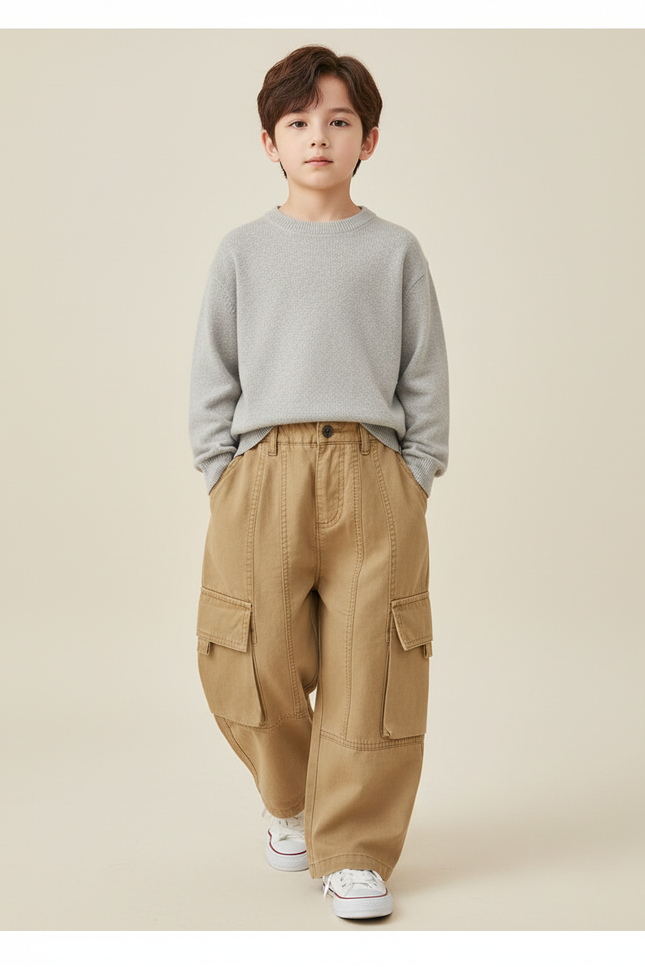 Pantalon Baggy Cargo Ample Beige Coton Garçon - Toile