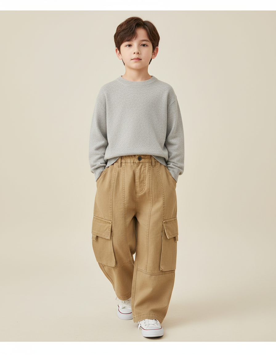 Pantalon Baggy Cargo Ample Beige Coton Garçon - Toile