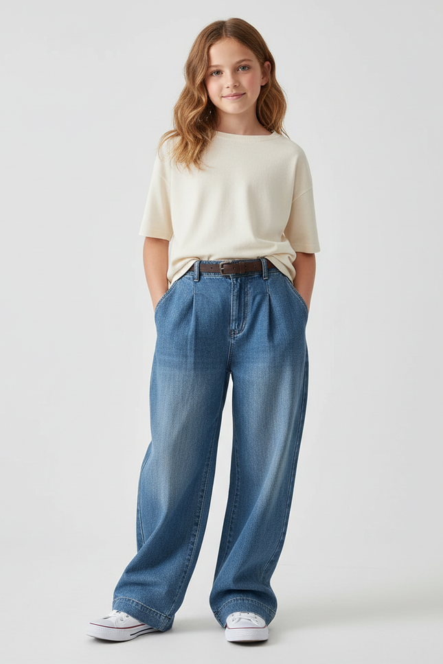 Pantalon Baggy Jean Bleu Plissé Ample Décontracté