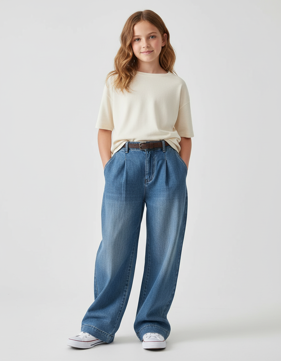 Pantalon Baggy Jean Bleu Plissé Ample Décontracté