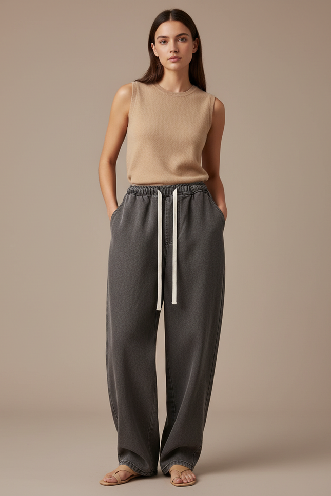 Pantalon Baggy Gris Foncé Ample Cordon Décontracté Femme - Jean