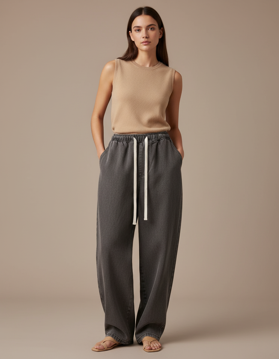 Pantalon Baggy Gris Foncé Ample Cordon Décontracté Femme - Jean