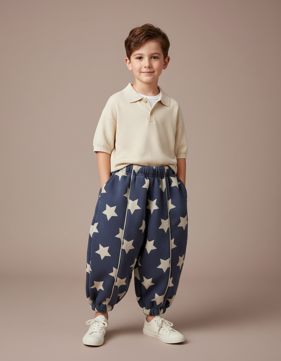 Pantalon Baggy Bleu Marine Étoiles Ample Molleton Enfant