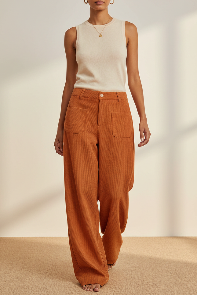 Pantalon Baggy Côtelé Ample Orange Taille Haute Décontracté - Cordé