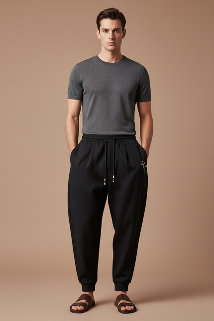 Pantalon Baggy Noir Ample Cordon Tissu Léger Homme - Molleton