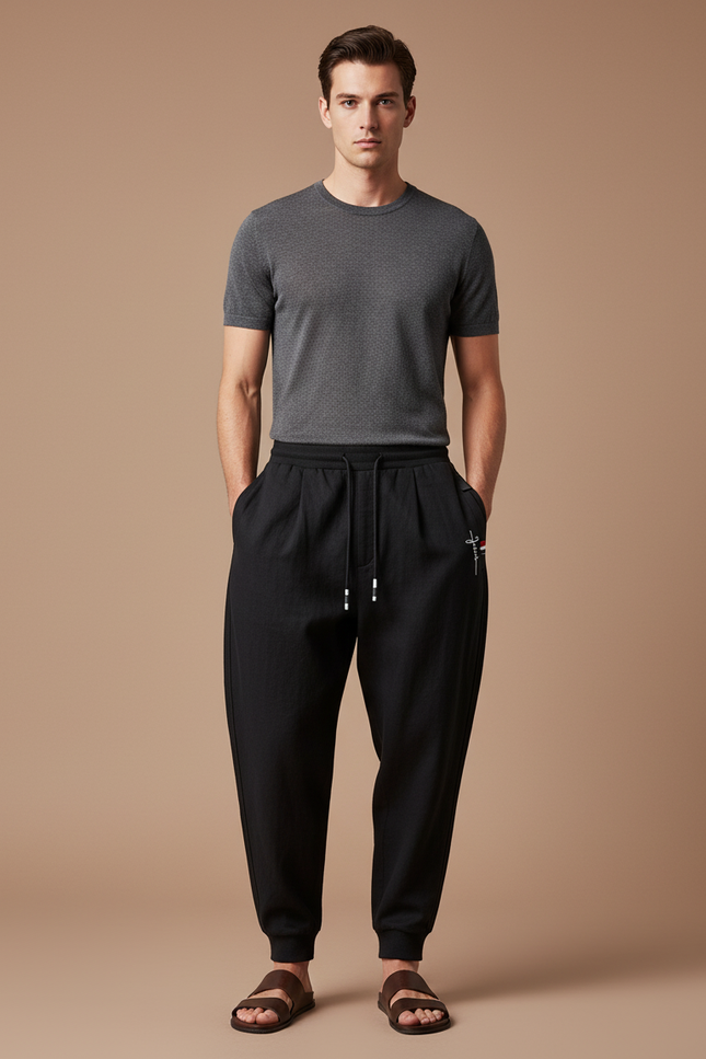 Pantalon Baggy Noir Ample Cordon Tissu Léger Homme - Molleton