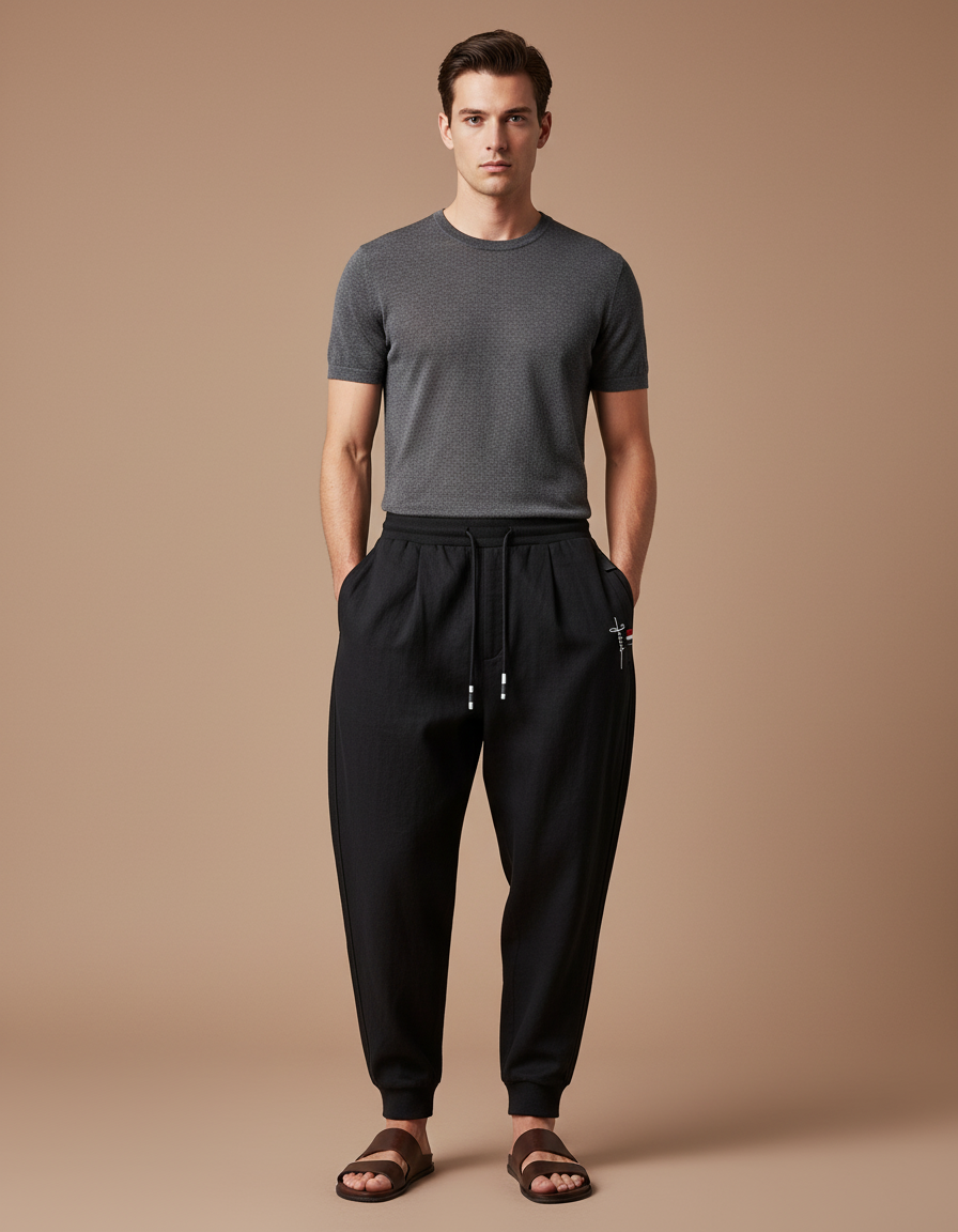 Pantalon Baggy Noir Ample Cordon Tissu Léger Homme - Molleton