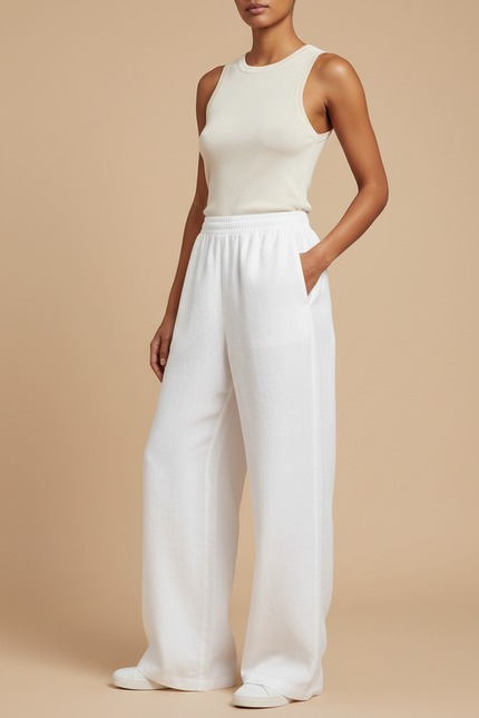 Pantalon Baggy Blanc Lin Ample Fluide Décontracté