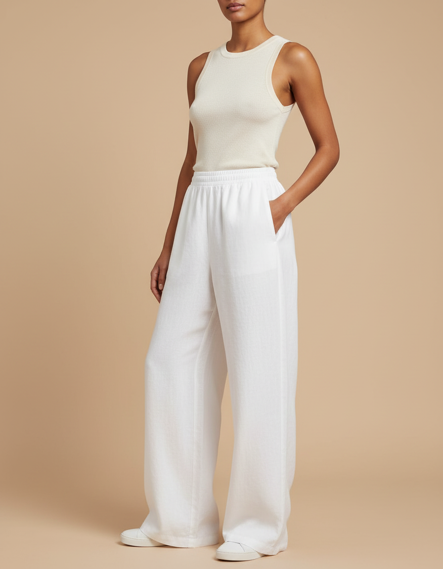 Pantalon Baggy Blanc Lin Ample Fluide Décontracté