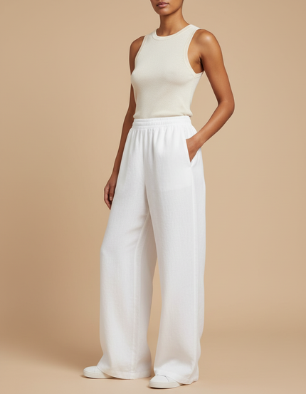 Pantalon Baggy Blanc Lin Ample Fluide Décontracté