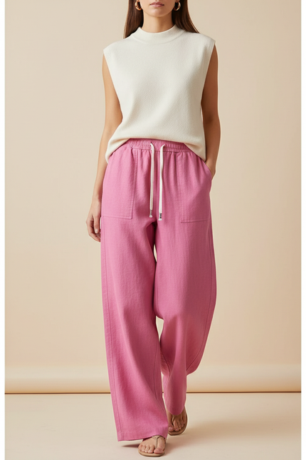 Pantalon Baggy Rose Fluide Lin Cordon Ample