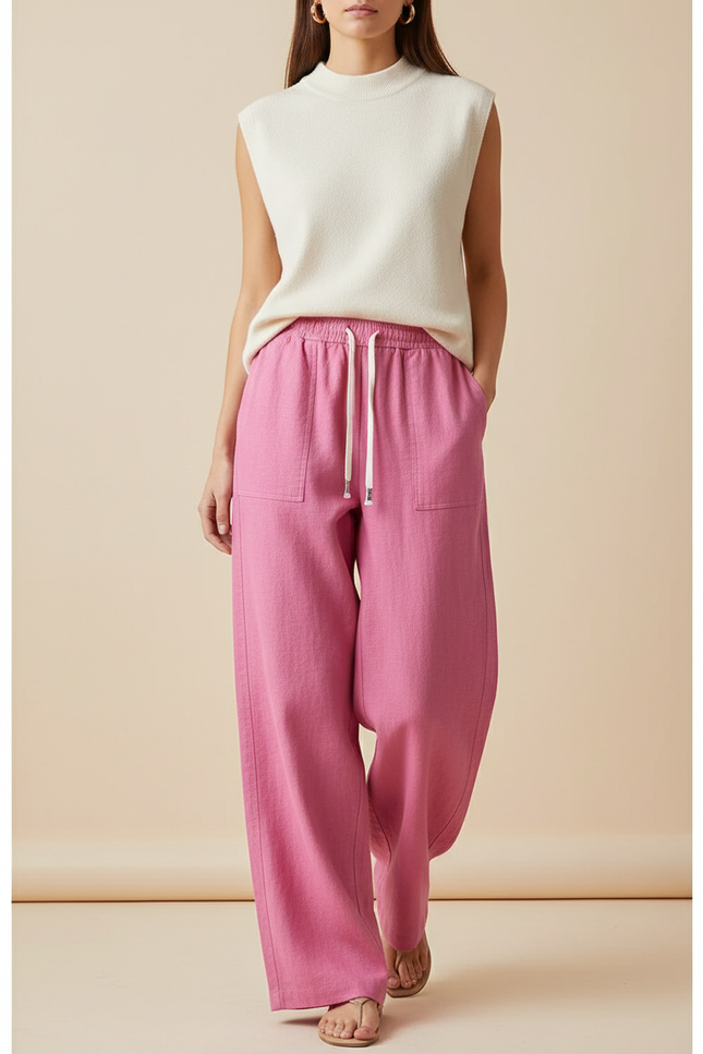 Pantalon Baggy Rose Fluide Lin Cordon Ample