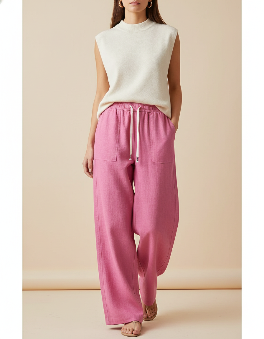 Pantalon Baggy Rose Fluide Lin Cordon Ample