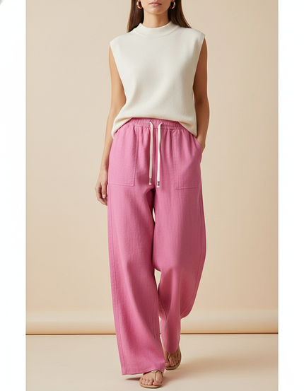 Pantalon Baggy Rose Fluide Lin Cordon Ample