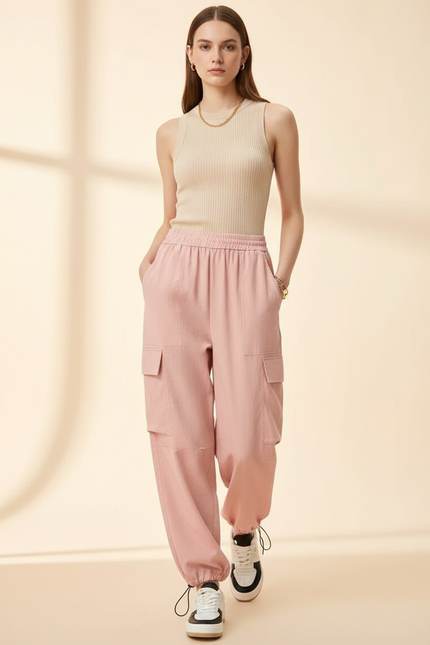 Pantalon Baggy Rose Cargo Ample Cordon Décontracté - Toile