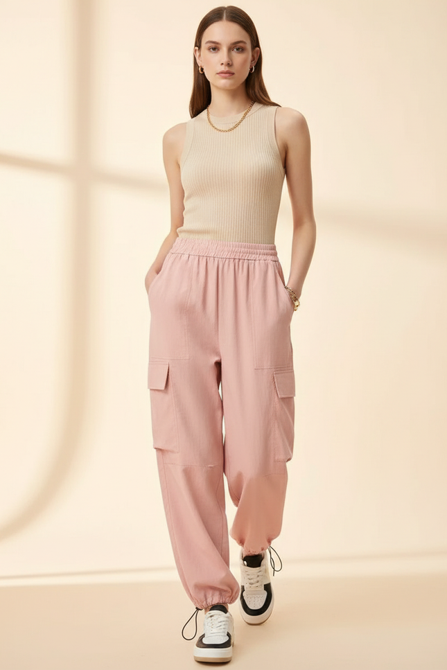 Pantalon Baggy Rose Cargo Ample Cordon Décontracté - Toile
