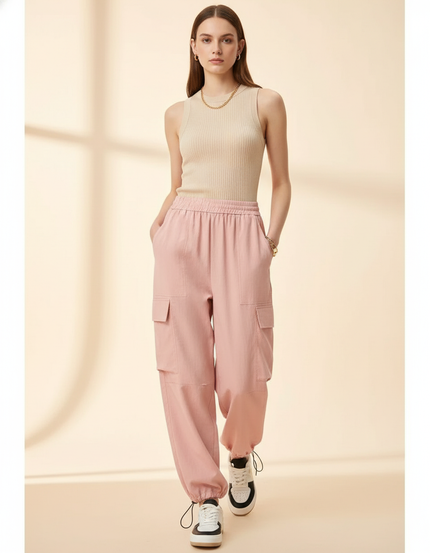 Pantalon Baggy Rose Cargo Ample Cordon Décontracté - Toile