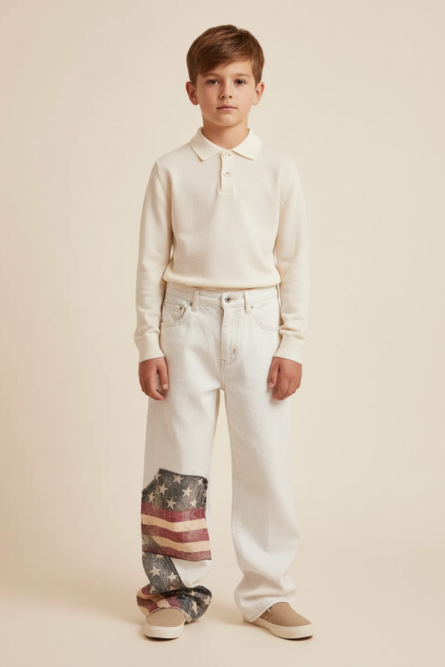 Pantalon Baggy Blanc Patchwork Drapeau Ample Enfant - Jean