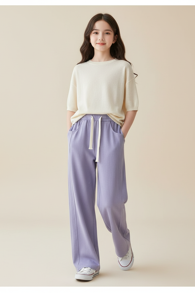 Pantalon Baggy Lilas Ample Droit Cordon Fille - Violet Molleton