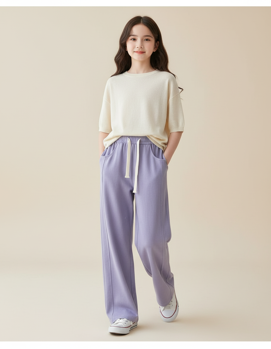 Pantalon Baggy Lilas Ample Droit Cordon Fille - Violet Molleton