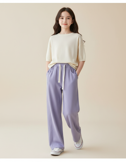 Pantalon Baggy Lilas Ample Droit Cordon Fille - Violet Molleton