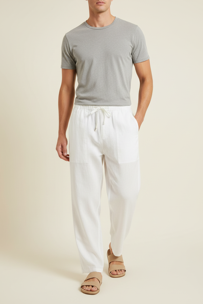Pantalon Baggy Blanc Lin Cordon Ample Homme