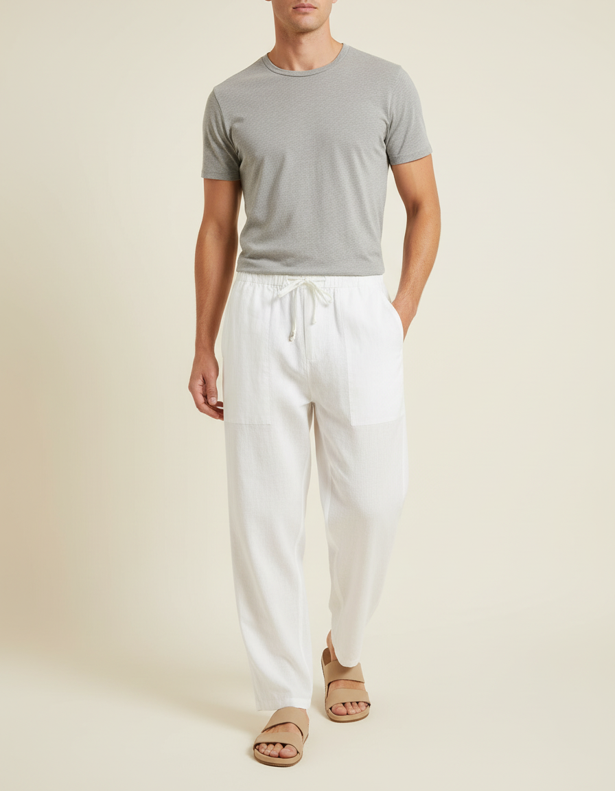 Pantalon Baggy Blanc Lin Cordon Ample Homme